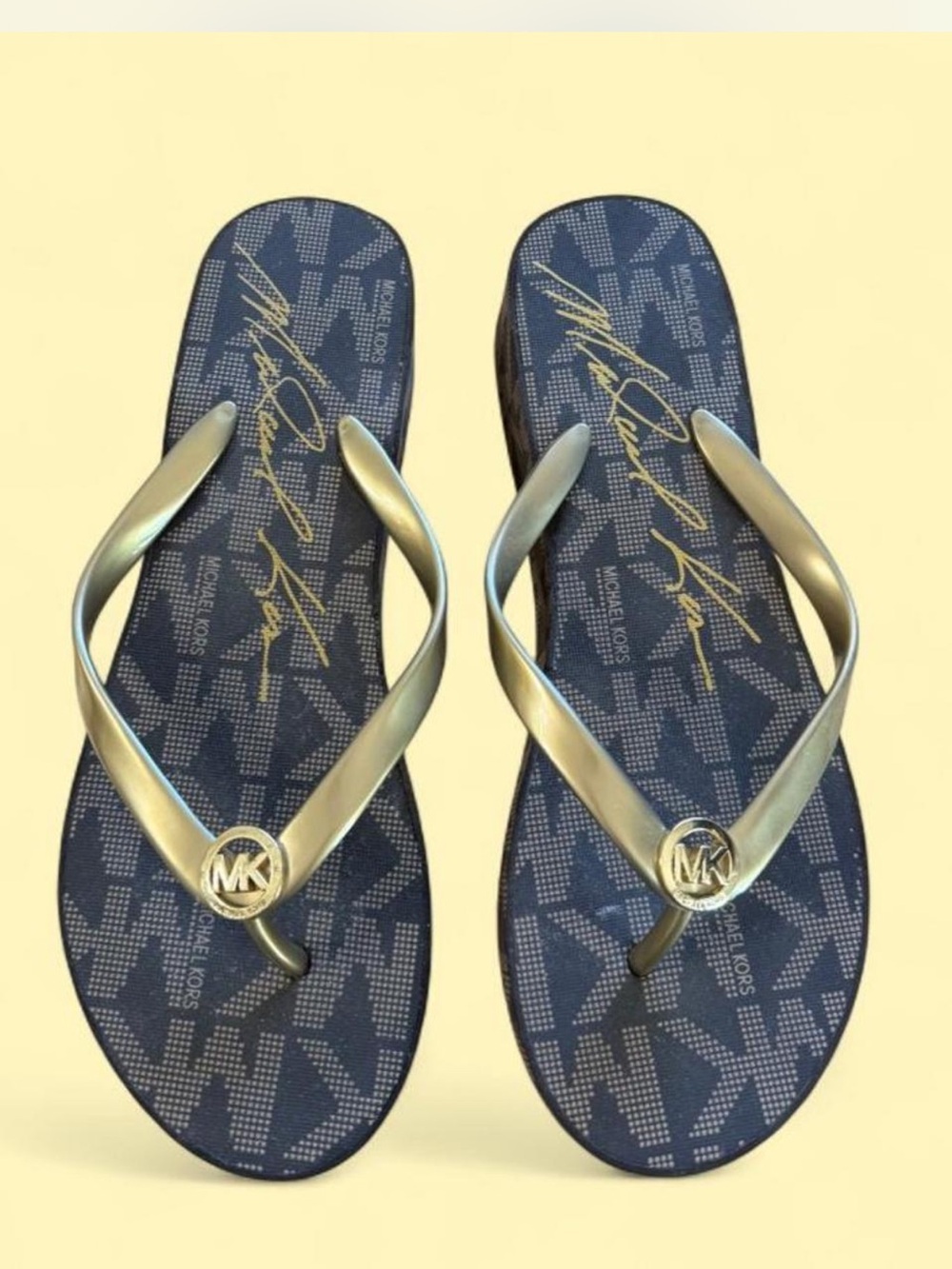 Michael Kors Brown and Gold Logo Strap wedge platform Flip Flops Size 8